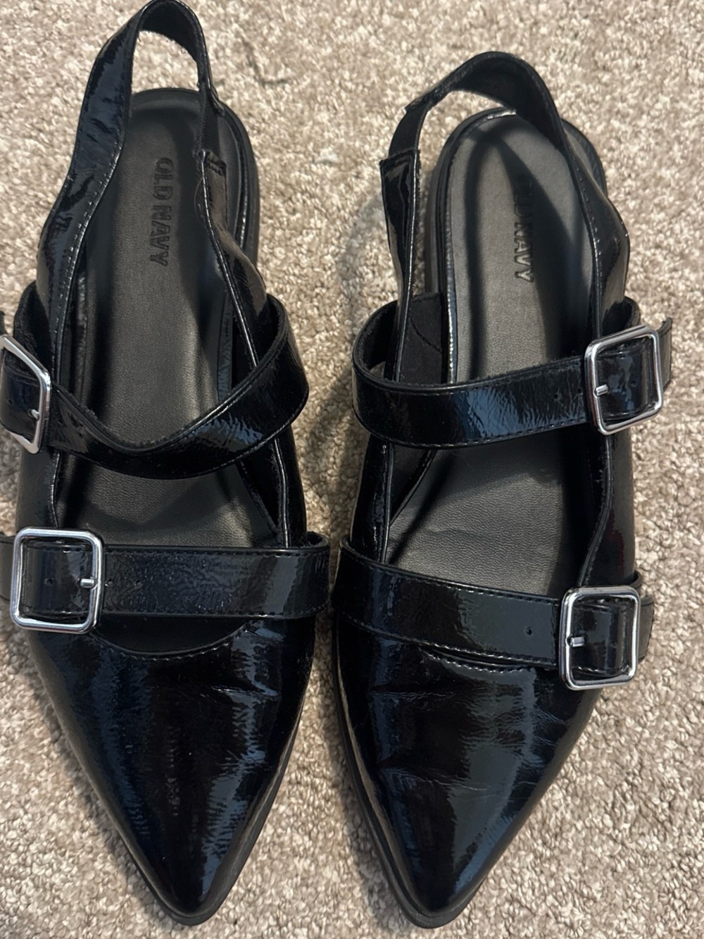 Women's Black Patent Pointed Slingback Flats with Buckle Straps